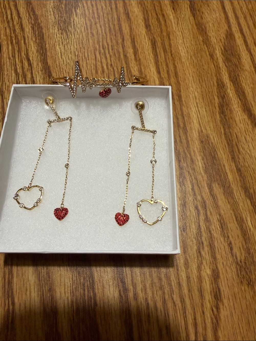 Swarovski Gold-Tone Heart Drop Earrings with Red Crystal Hearts